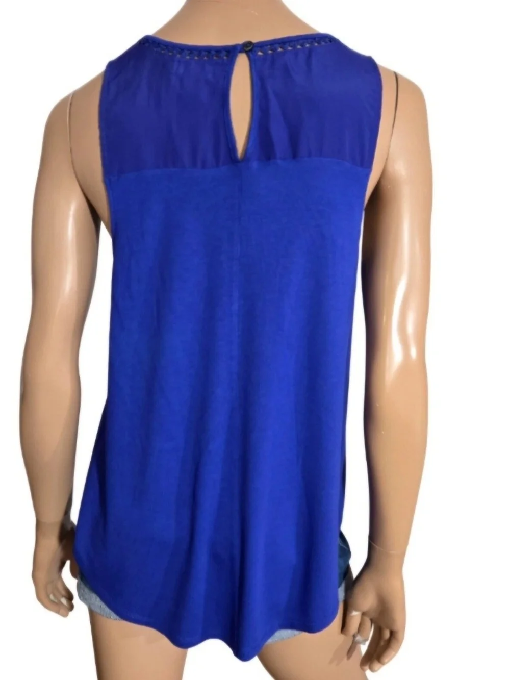 Old Navy Blue Sleeveless Top Mixed Media Embroidered Cutout Detail Keyhole M/L